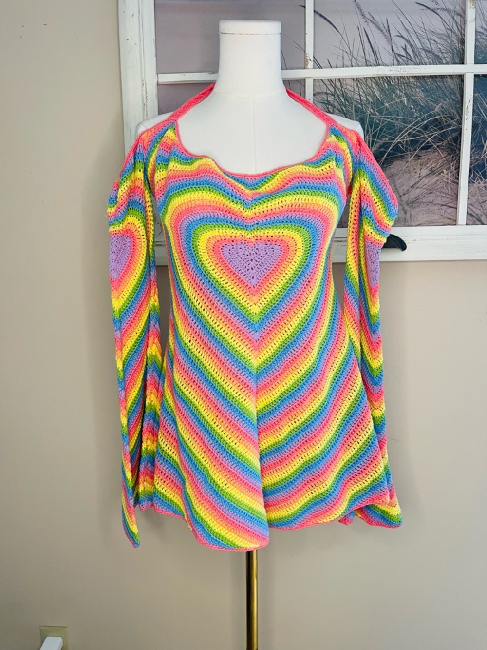 Club Exx DOLLS KILL Neon Rainbow Crochet Heart Dress 🦄